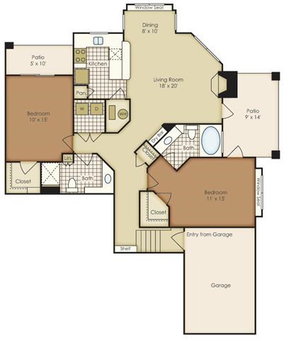 Floor plan for a two-bedroom, two-bathroom apartment featuring a kitchen, living area, laundry closet, two patios, and an attached garage.