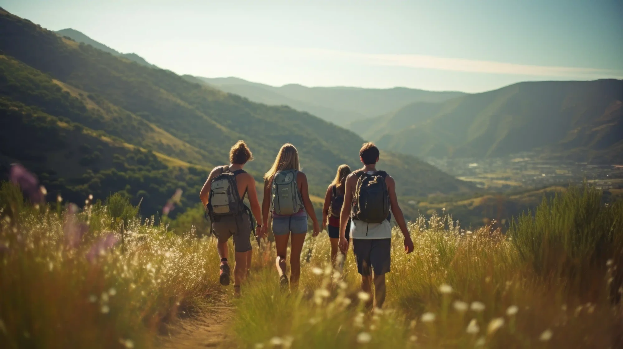 A group of friends hiking through a mountain trail