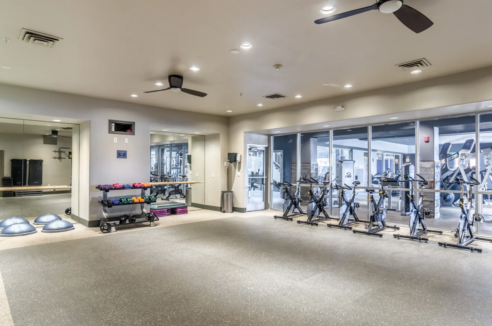 Fitness center with cardio machines and free weights