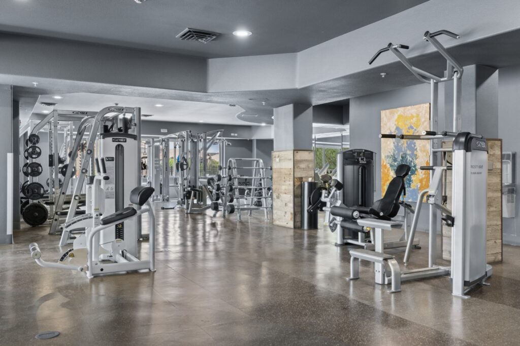 Modern gym with various exercise machines, free weights, and strength-training equipment. The room has polished floors, gray walls, and abstract art on the wall. The area is well-lit and organized, with no people present.