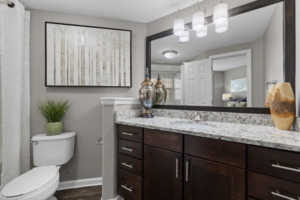 Modern bathroom with dark wood vanity, granite countertop, dual sinks, large mirror, decorative jars, a potted plant on the toilet, and wall art featuring trees. Neutral color palette with white and gray tones.